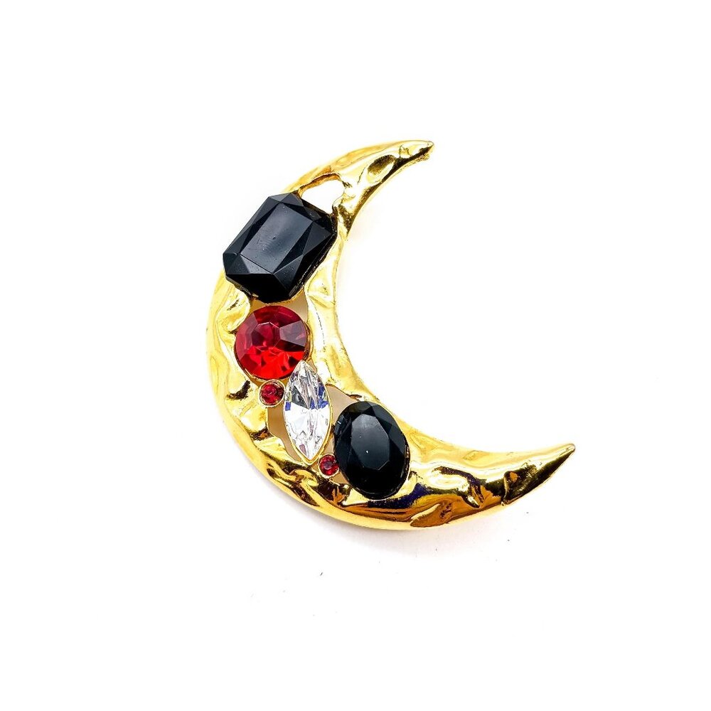 Bejeweled Crescent Moon Brooch, Gold Tone Vintage Pin with Red and Black Crystal